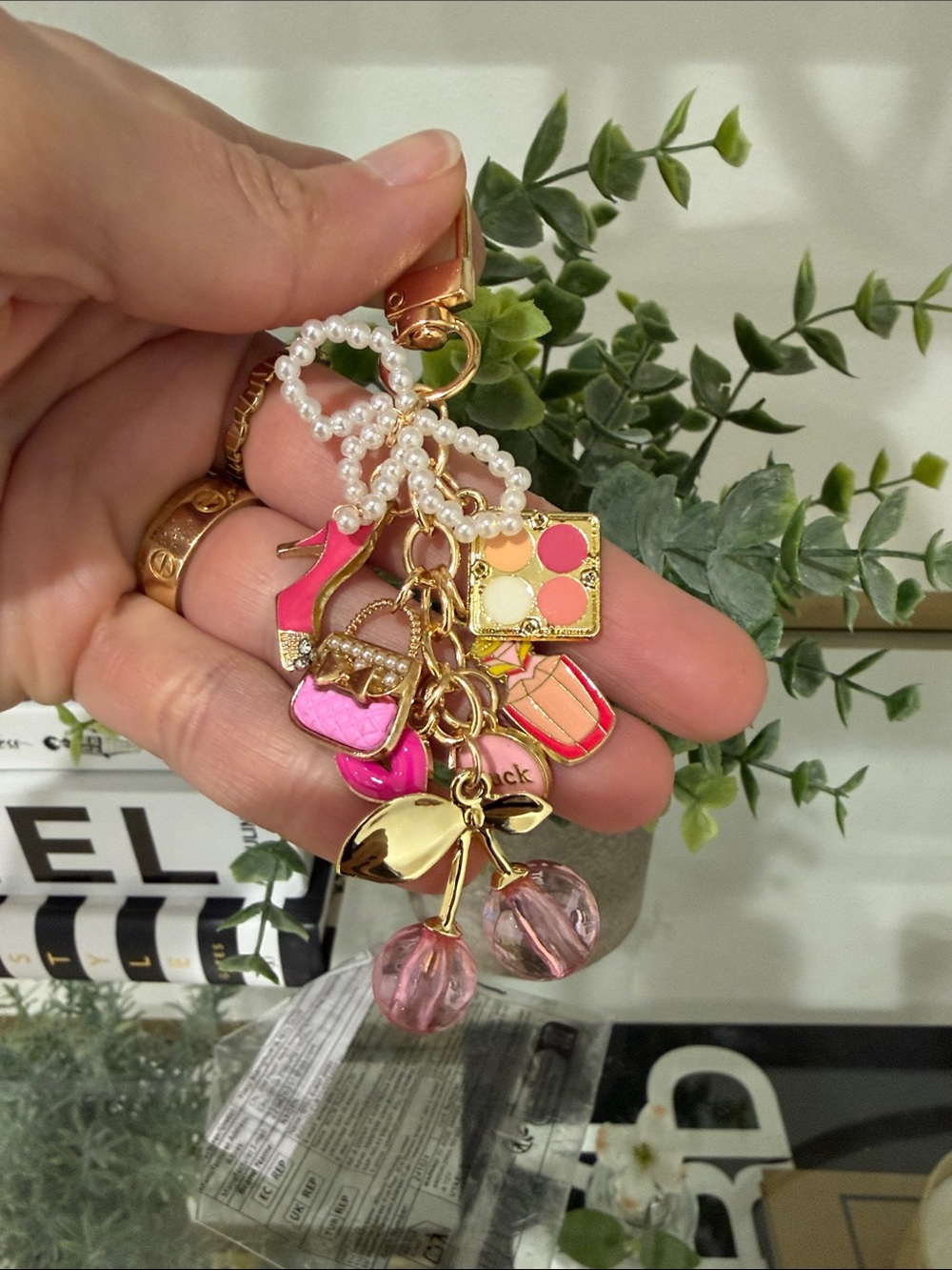 Pink Cherry Charm Keychain & Card Holder Keyring - Picture 3 of 5